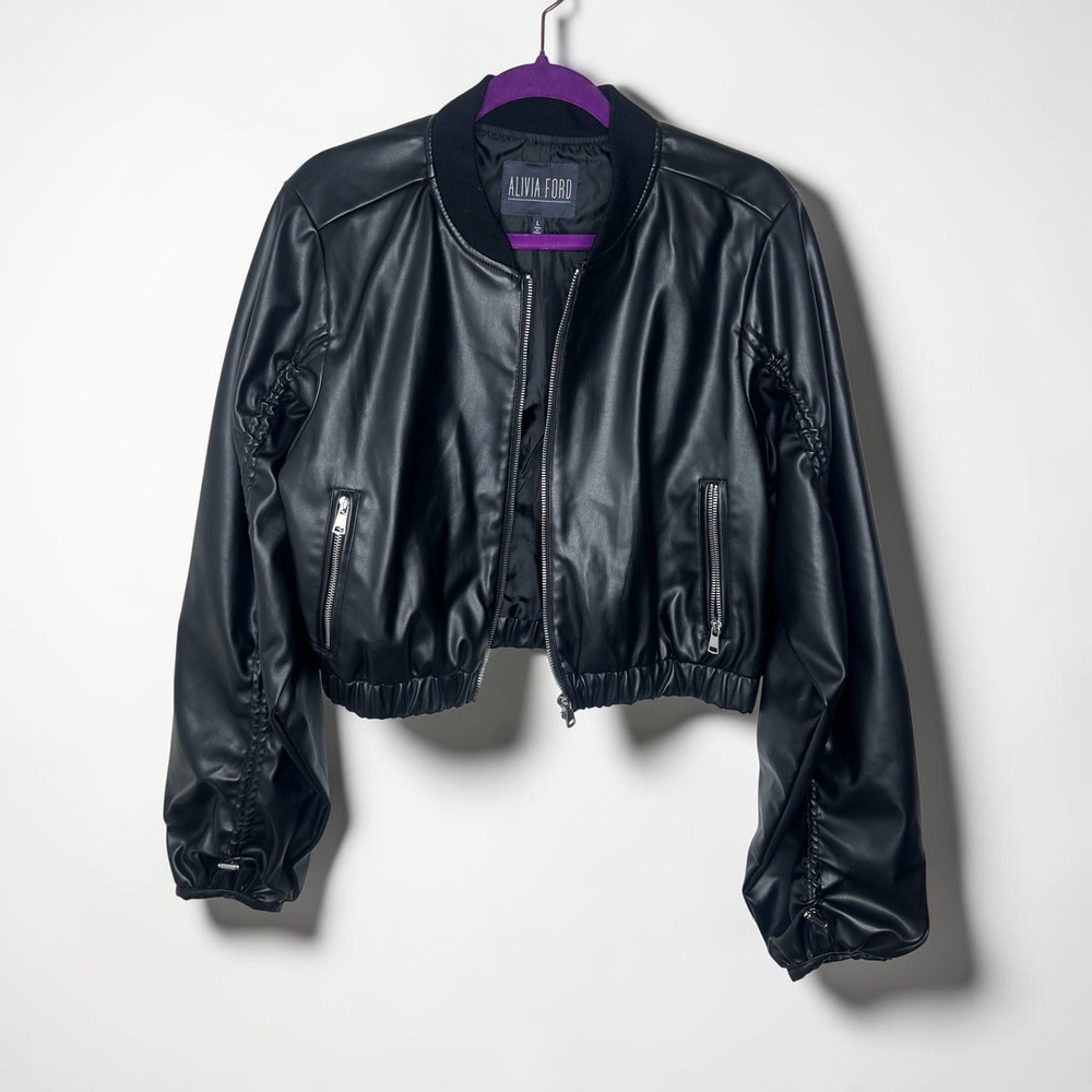 Alivia Ford Womens Black Faux Leather Cropped Bomber Jacket Ruched Sleeve Large